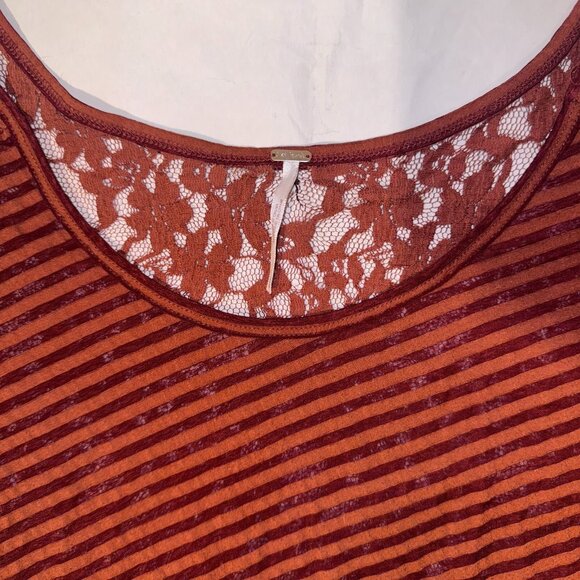 Free People Tunic Top Lace Sheer - Med Burnt Orange Striped High Low Boho - Picture 2 of 5